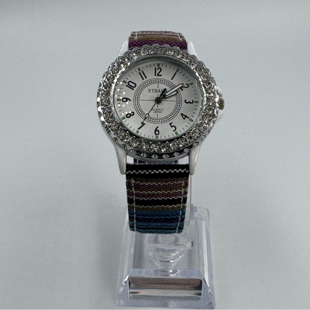 Strada Rhinestone Multicolored Stripe Ladies Watch Two Piece Buckle Strap Works